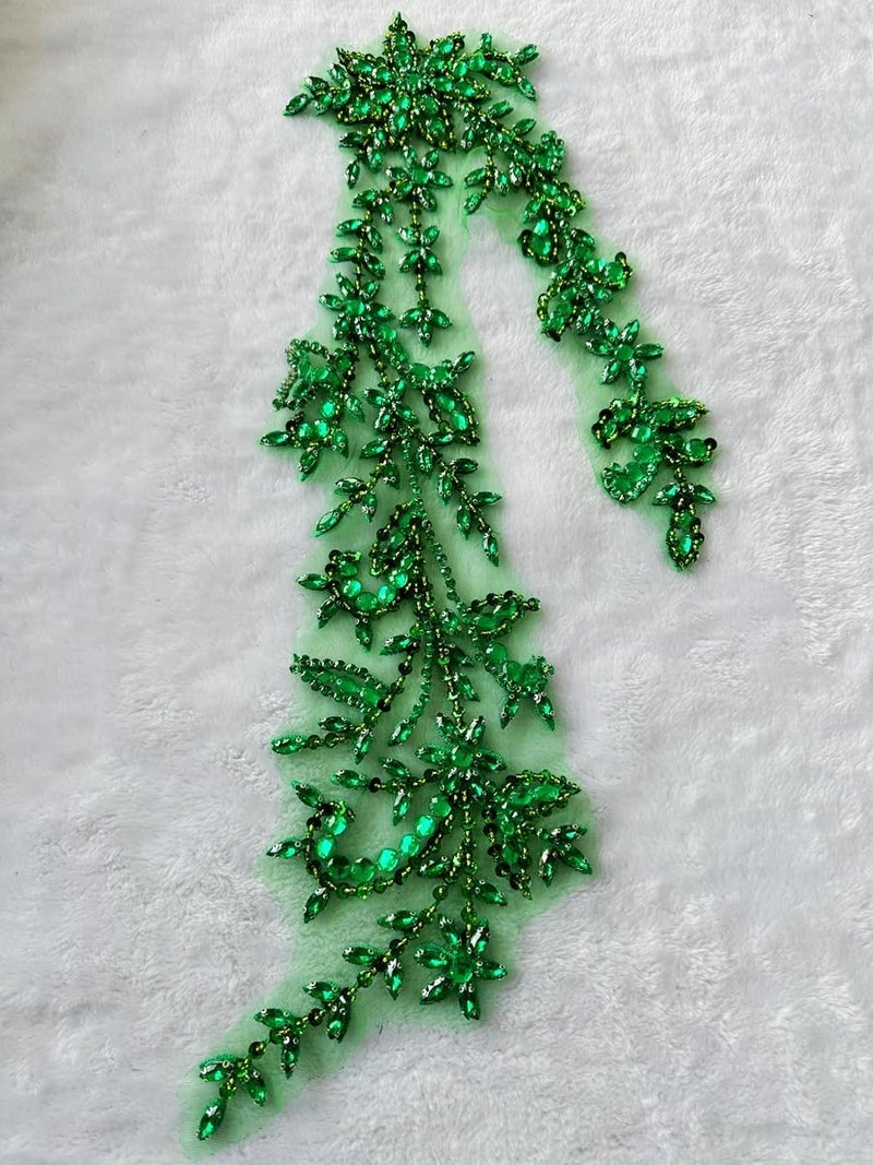 PLune Handmade Shining Acrylic Rhinestones on lace Applique Sewing Beads Stones Trim Patches Accessories for Wedding Dress (LightGreen Right) - Image 2